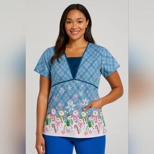 #326 Scrub Works Blue Christmas Snowman Print Scrub Top